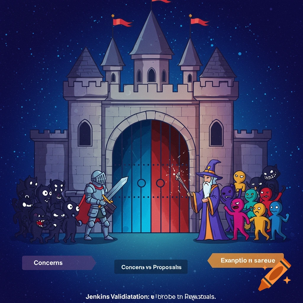 Cartoon illustration of a knight and wizard facing off in front of a castle with monsters and people. Text at bottom.