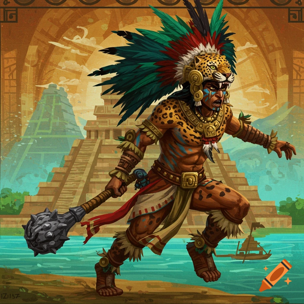 An Aztec Jaguar warrior runs with a mace near a pyramid.