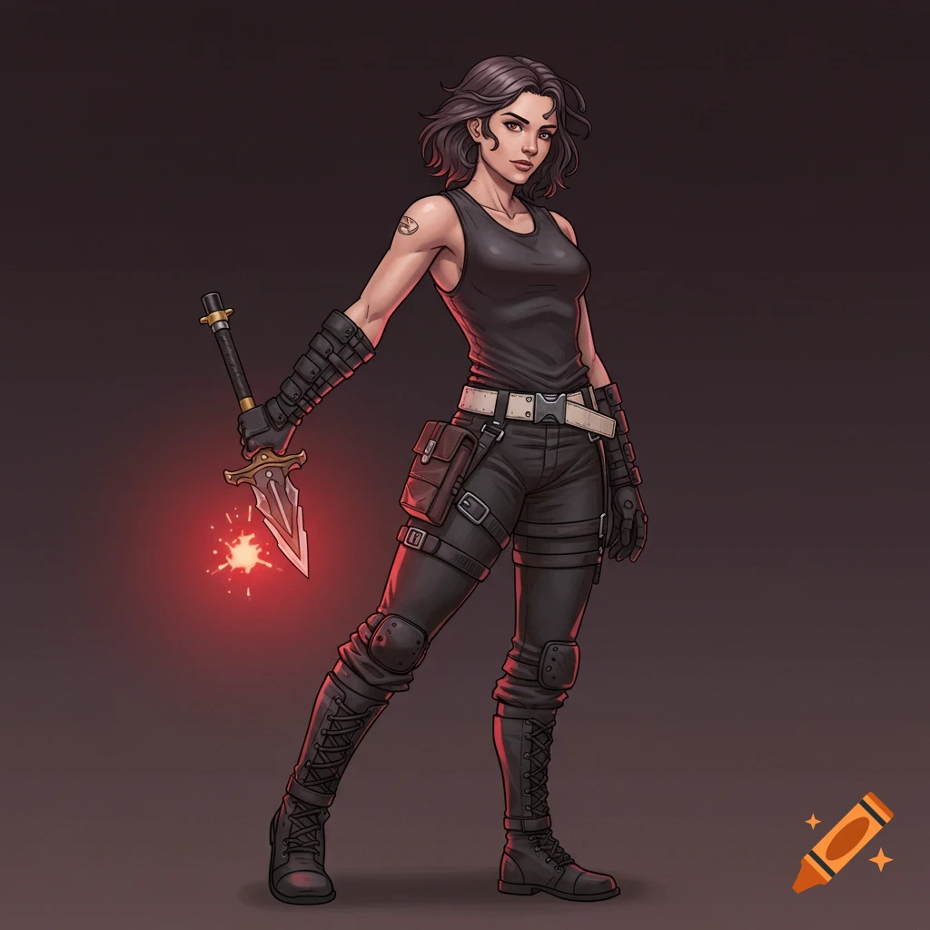 Illustration of a woman in tactical gear holding a glowing red dagger