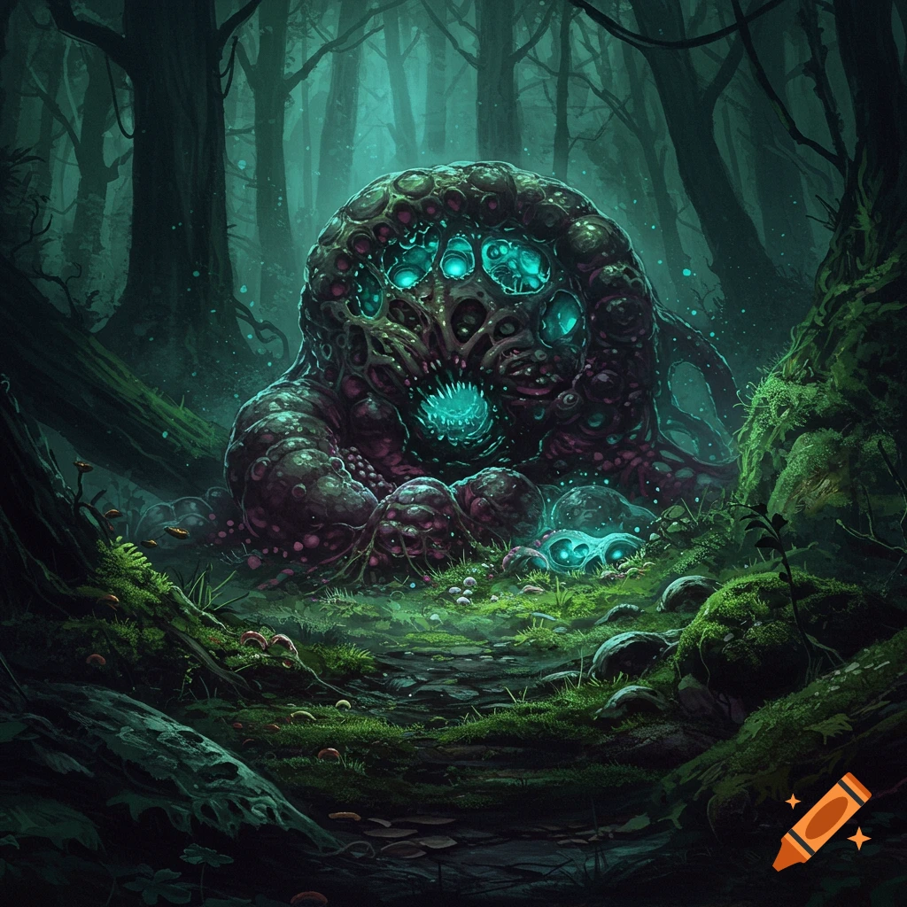 A grotesque, glowing fungal creature sits in a dark, atmospheric forest.