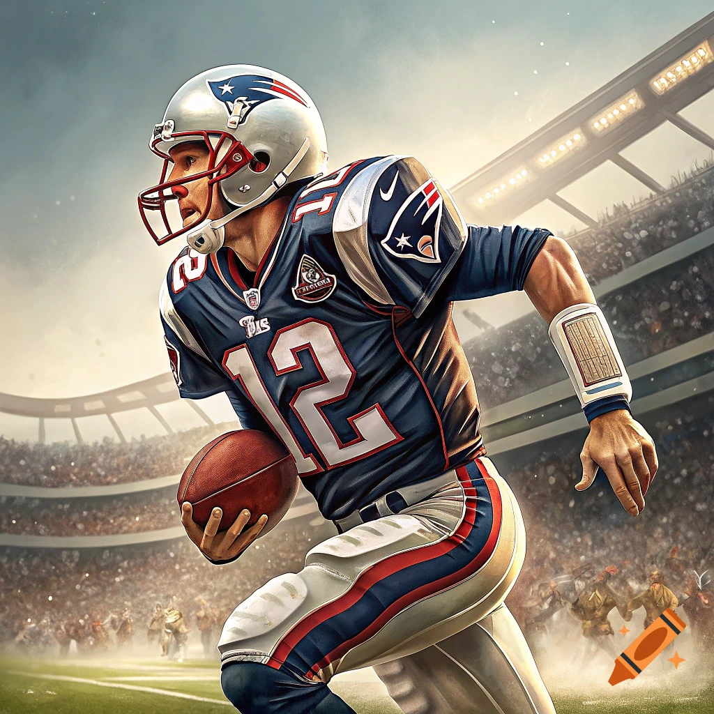 A football player in a blue jersey with the number 12 runs with the ball in a stadium.