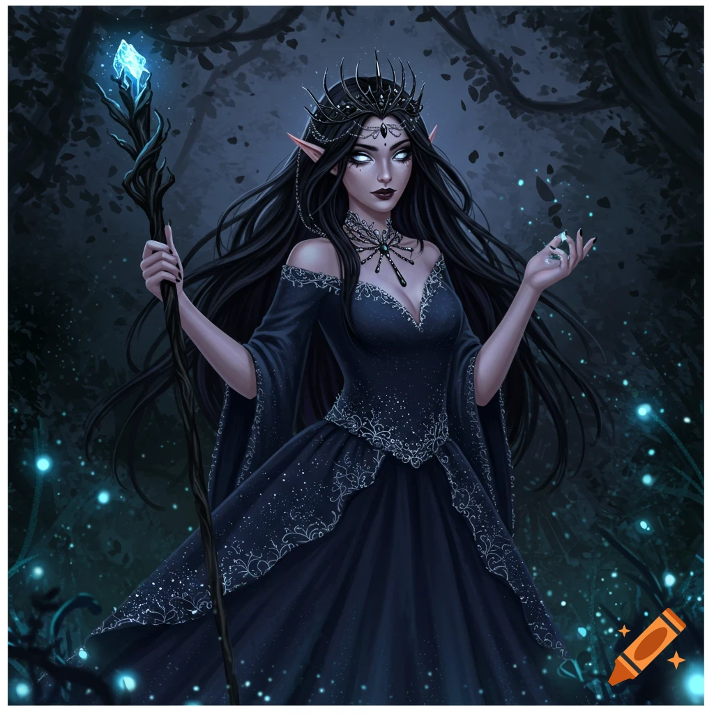 A dark fae queen with glowing eyes and crown, holding a staff in a magical forest.