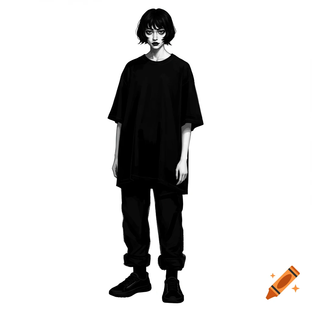 Black and white of a person wearing an oversized black t-shirt, black pants, and sneakers.