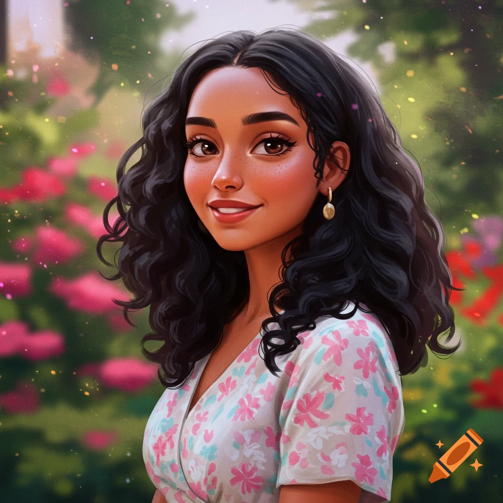 A smiling young woman with curly hair and freckles in a floral dress, in a garden.