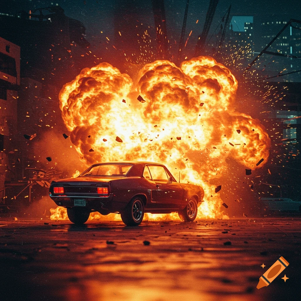 A red car in front of a large explosion