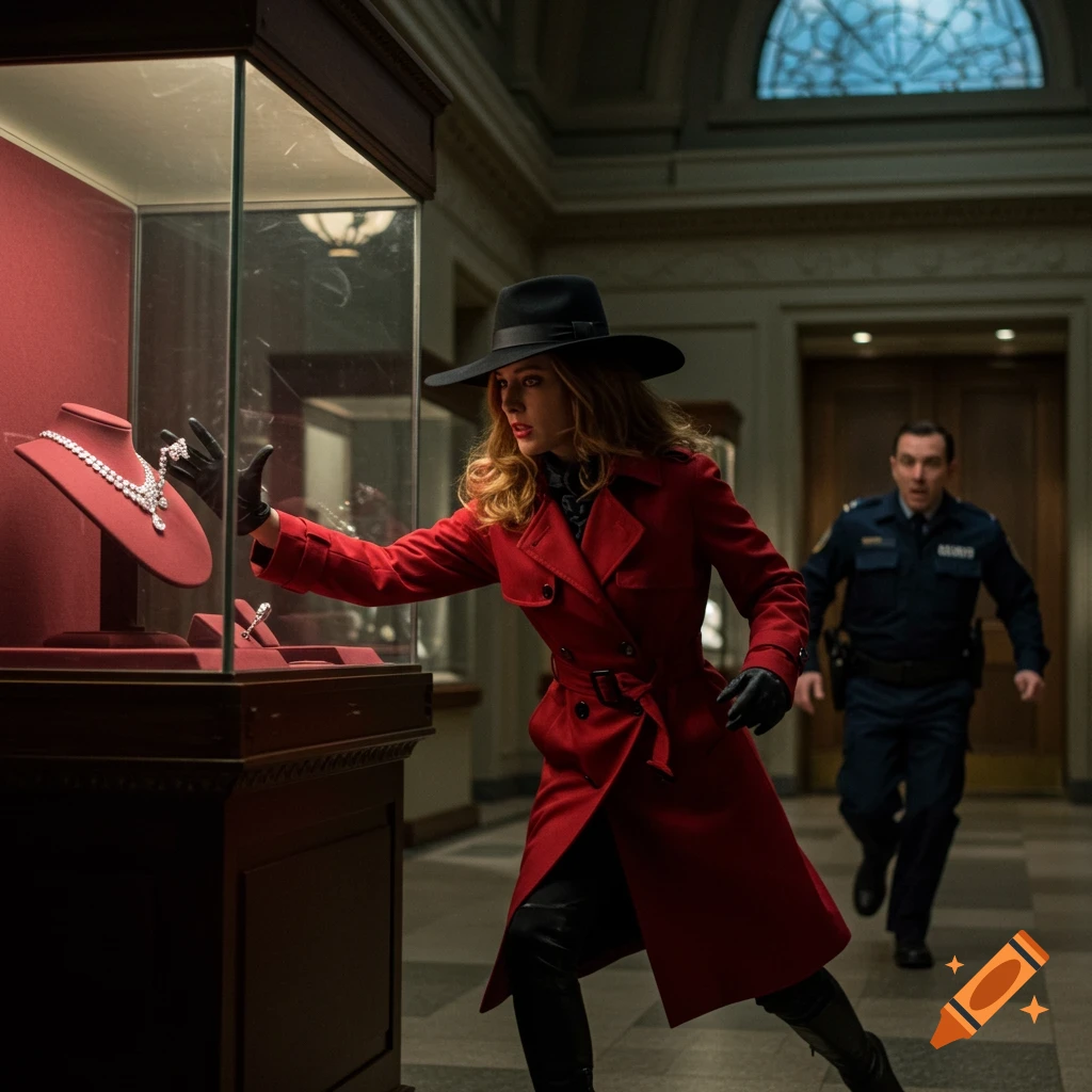 A woman in a red coat and hat steals jewelry from a display case as a police officer runs towards her.