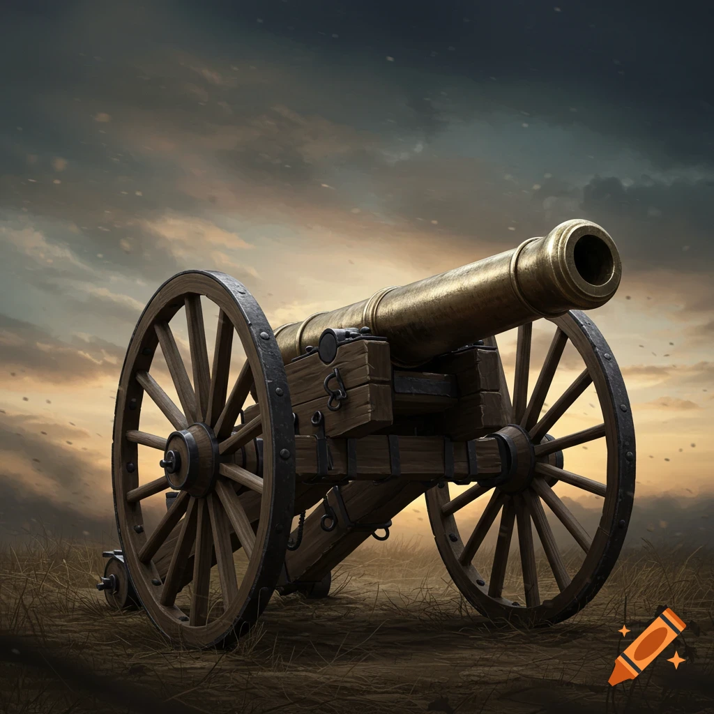 Bronze cannon on a carriage with large wooden wheels in a grassy field under a dramatic sky
