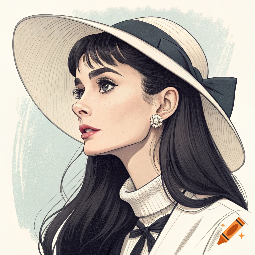 A stylized portrait illustration of a woman with long black hair and a wide-brimmed hat, looking left.