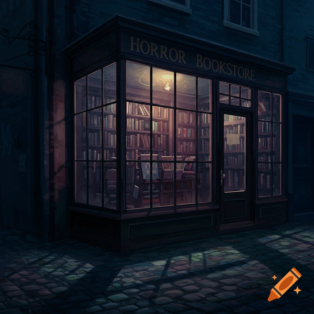 A dark horror bookstore at night with light spilling onto a cobblestone street.