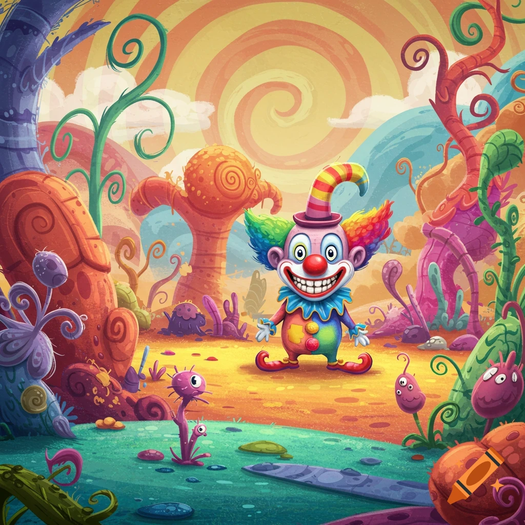 Cartoon alien clown with rainbow hair in a colorful, surreal fantasy landscape with strange plants.