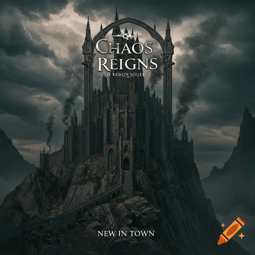A dark gothic castle on a mountain under a cloudy sky
