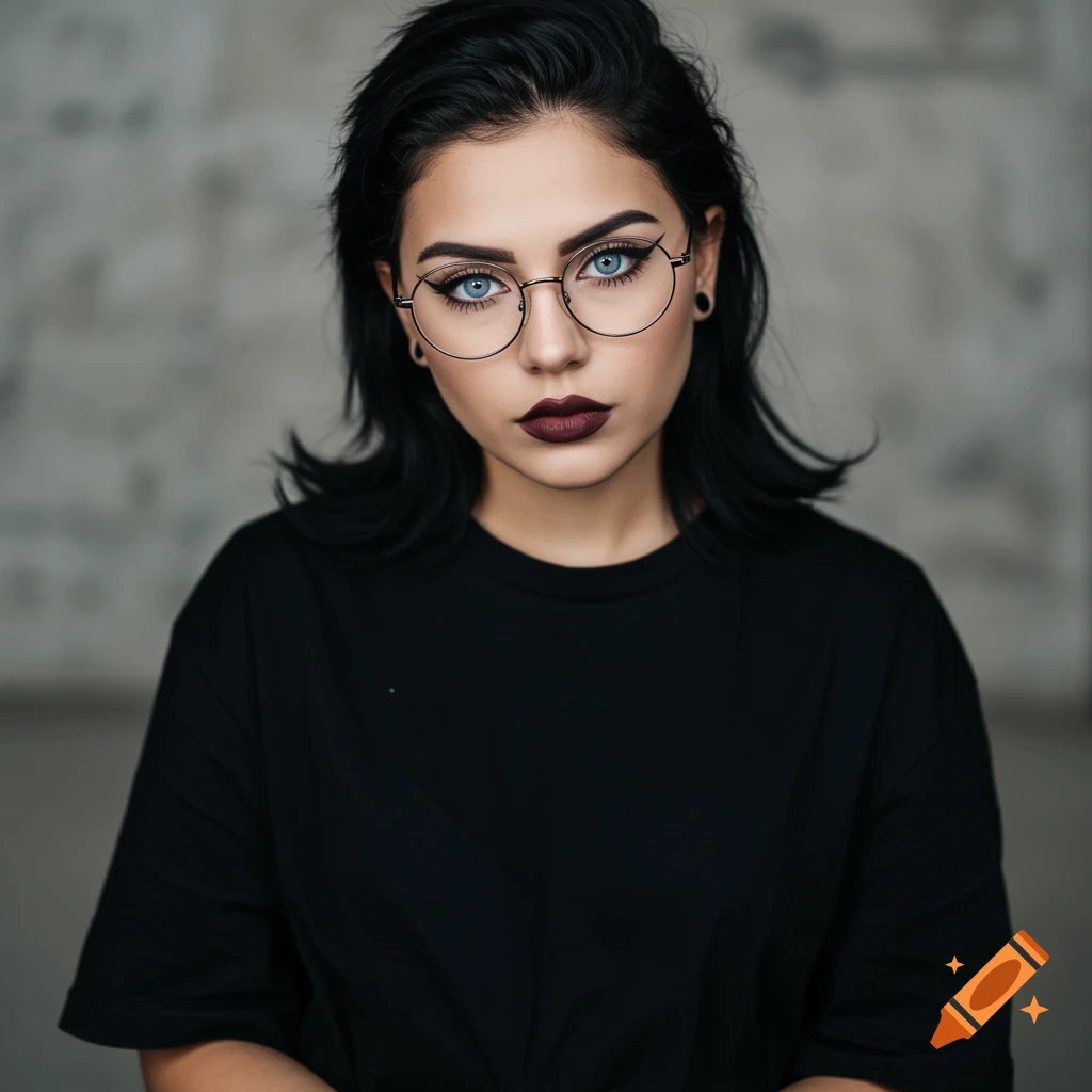 A portrait photo of a woman with blue eyes, round glasses, dark makeup, and a black t-shirt.