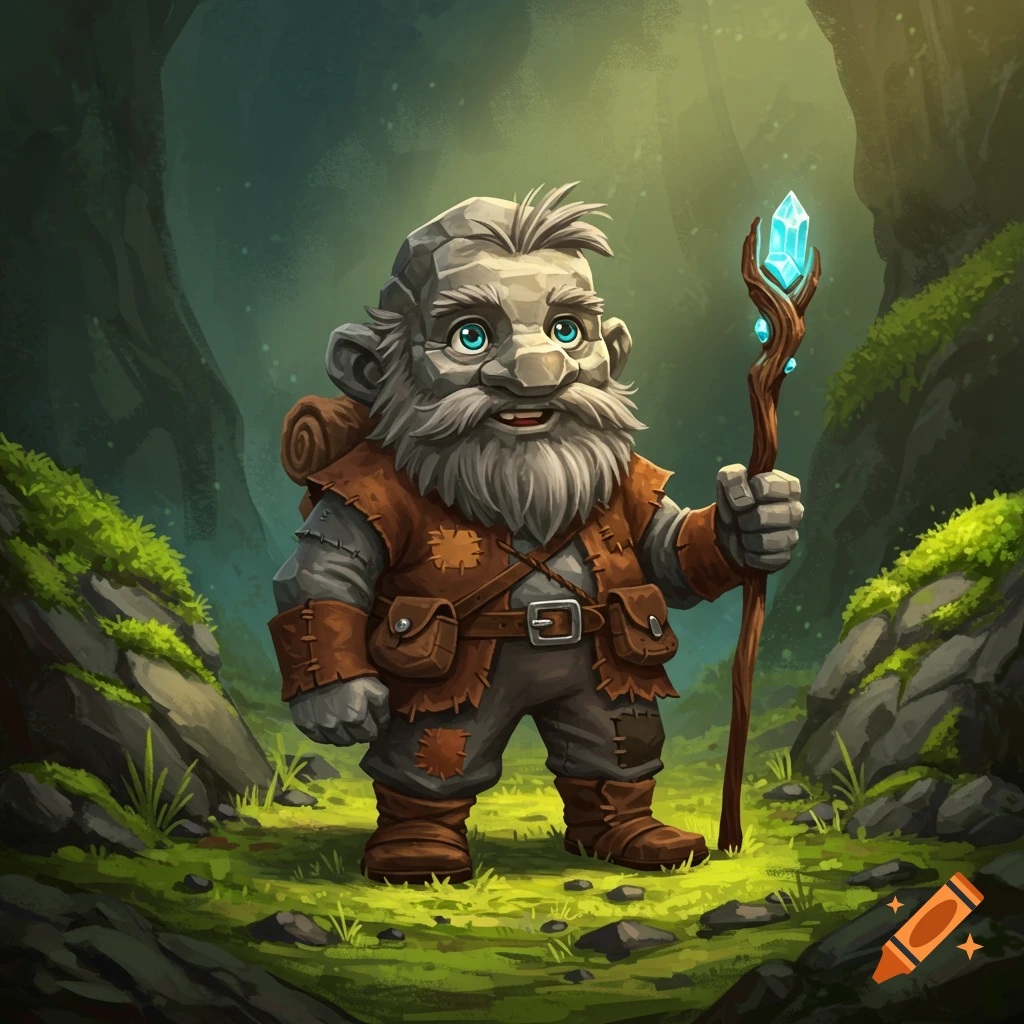 A rock gnome holding a glowing staff in a forest.
