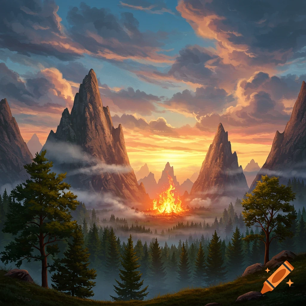 A mountain landscape at sunset with a large campfire.