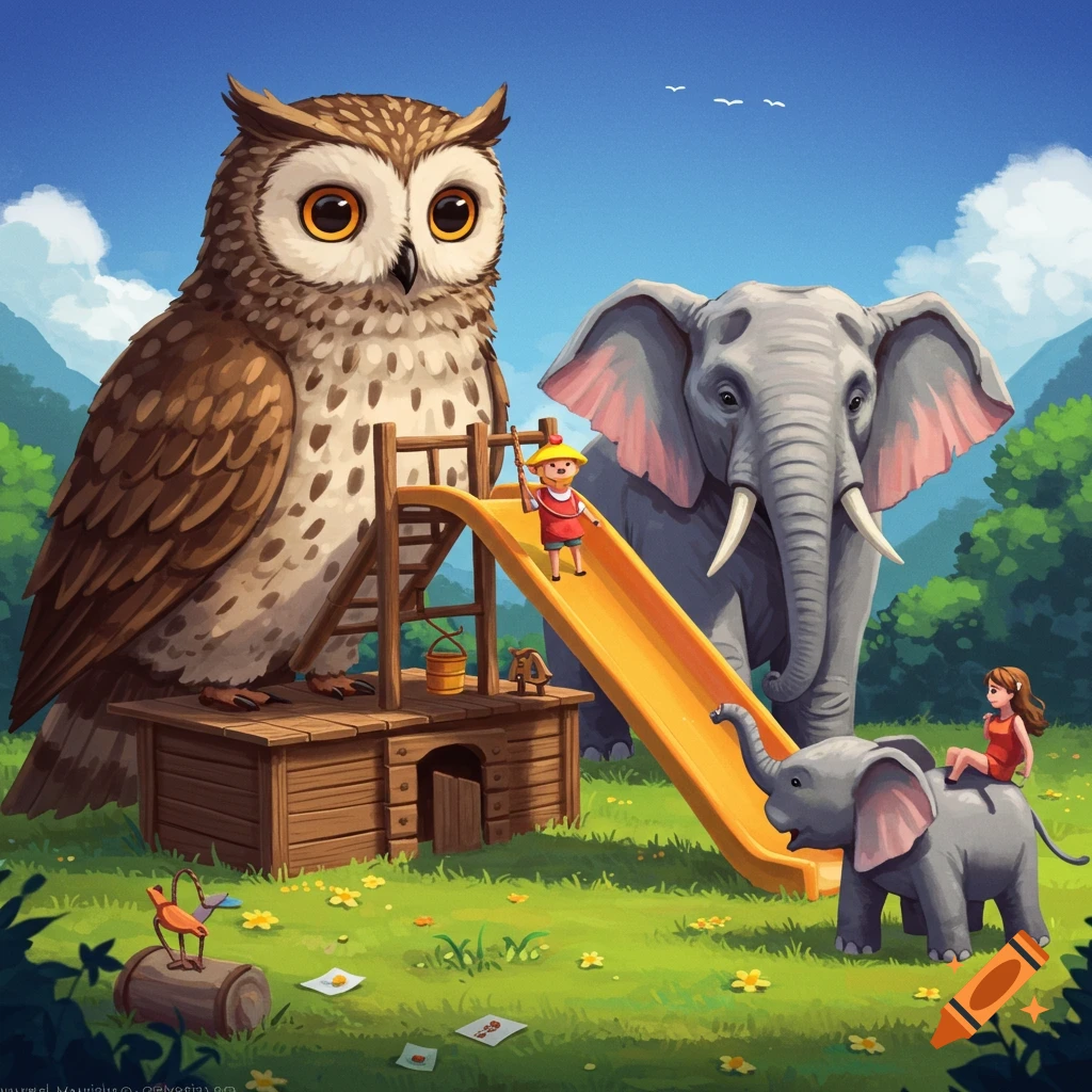 A giant owl stands next to a large yellow slide built on a wooden structure. A large elephant is behind it, and a small elephant with a person on its back is in front. The scene is a grassy field with mountains in the background.
