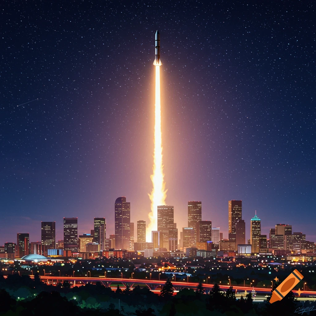 A rocket launching into space over a city skyline at night.