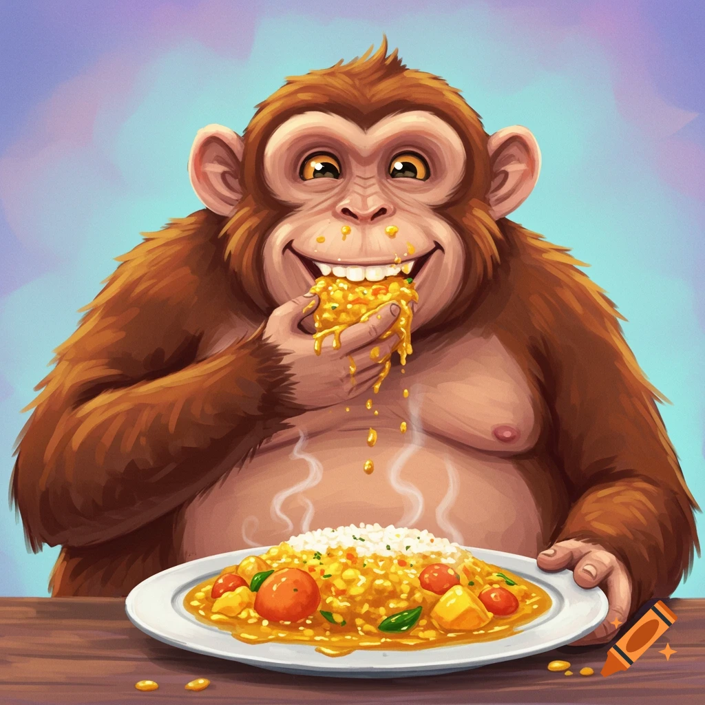 Cartoon monkey happily eating curry from a plate.