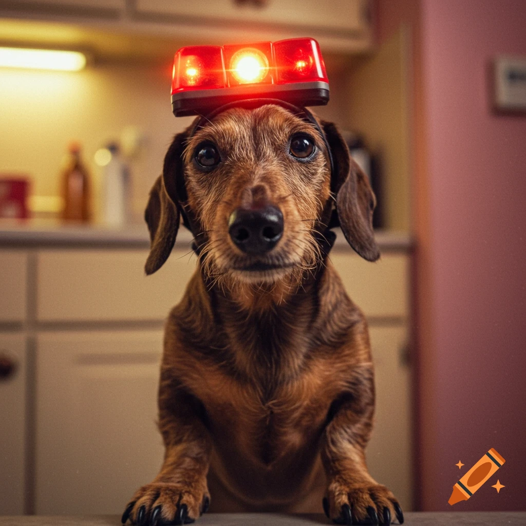 A photorealistic portrait of a dachshund dog wearing a red police siren light on its head.