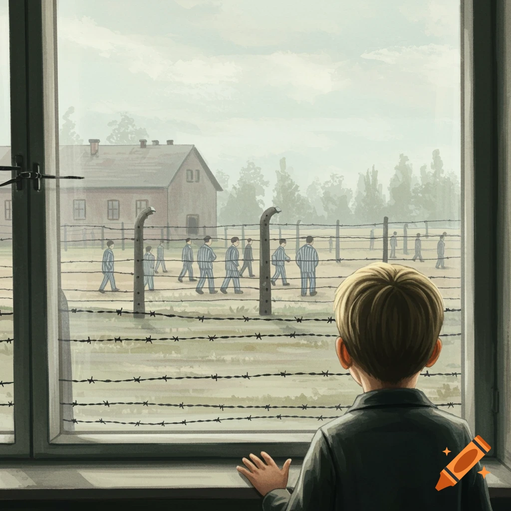 Watercolor illustration of a boy looking through a window at figures behind a barbed-wire fence.