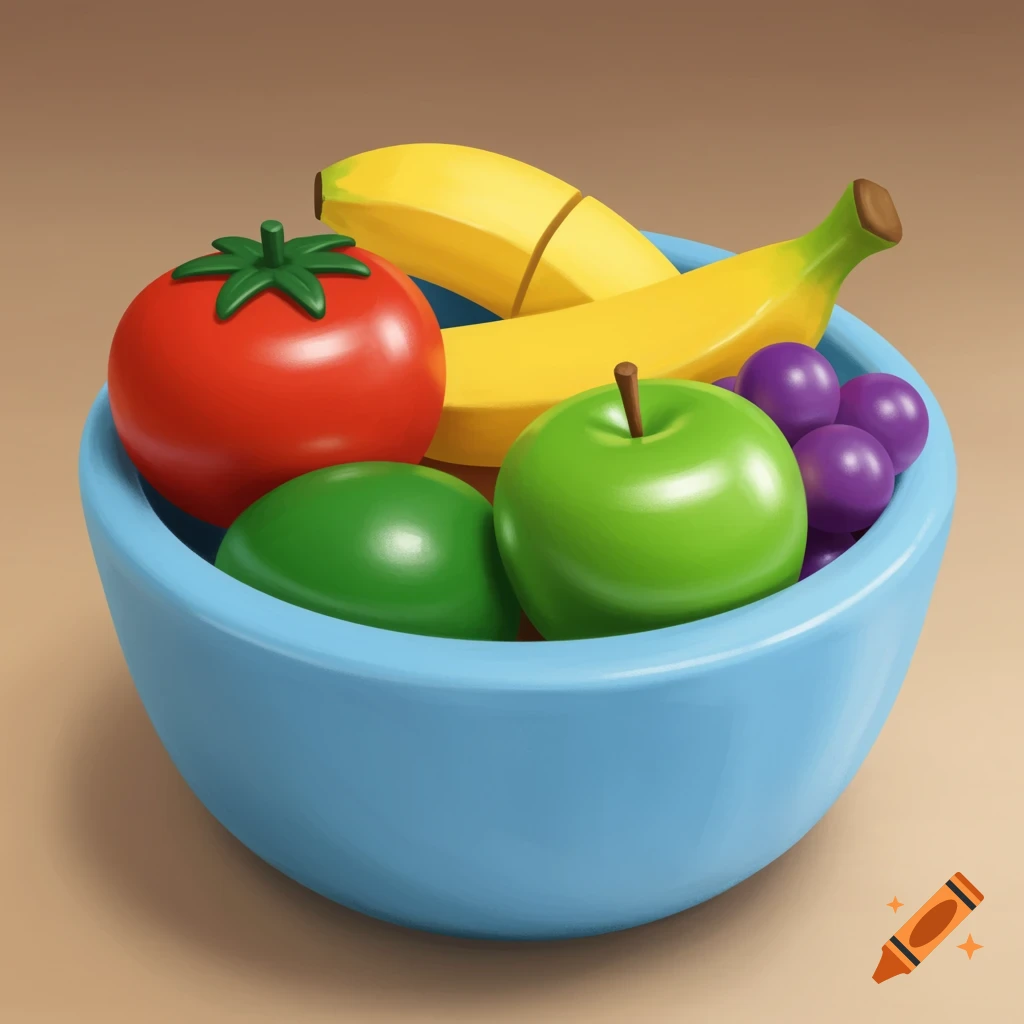 Stylized fruit in a blue bowl, including a tomato, banana, apple, and grapes.