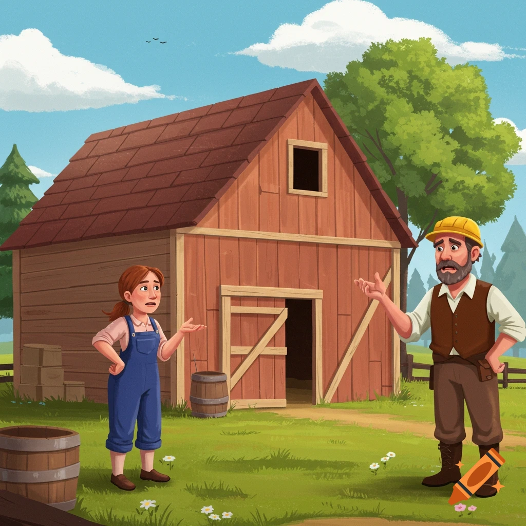 An illustration of a young girl and man looking confused outside a barn.