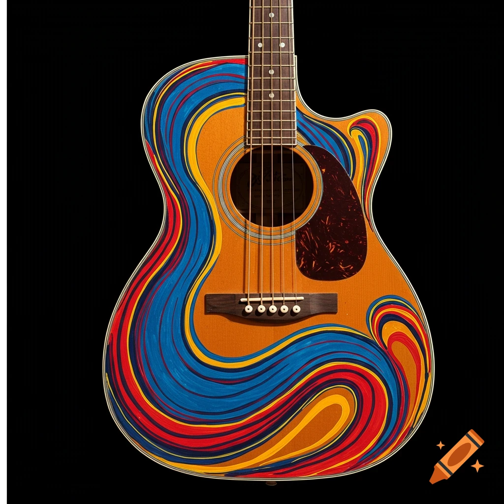 Acoustic guitar with abstract flowing art in blue, red, and yellow on a black background.
