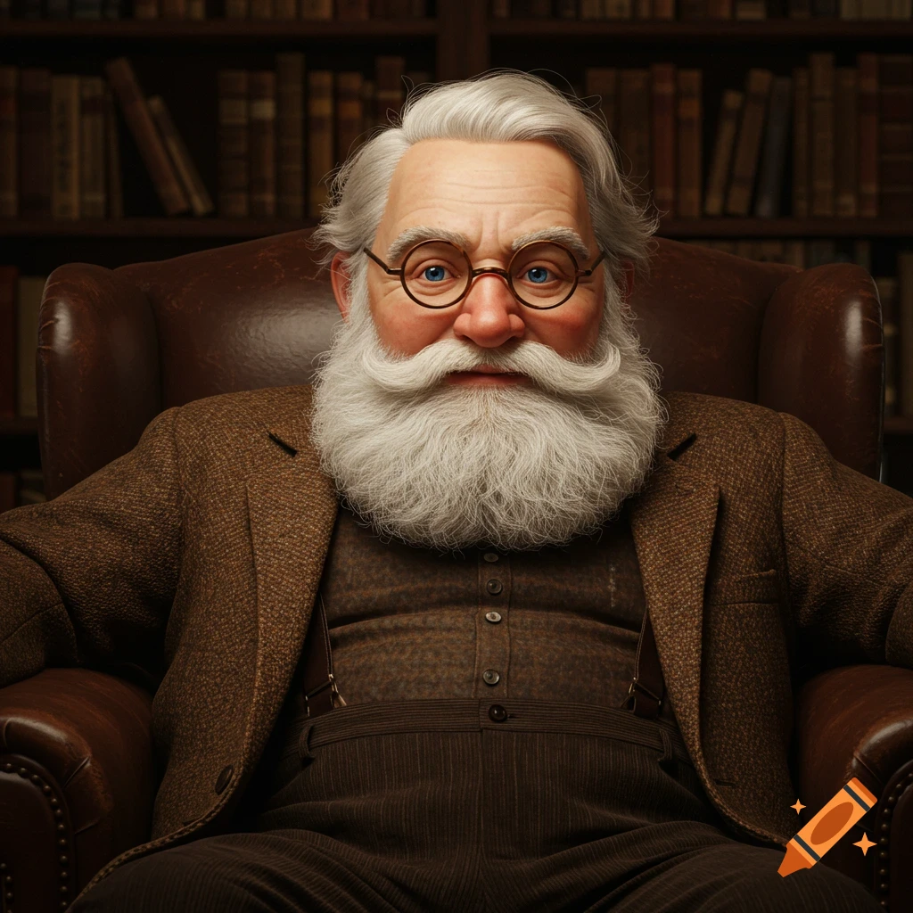 An old man with a white beard and glasses is sitting in a leather chair in a library.
