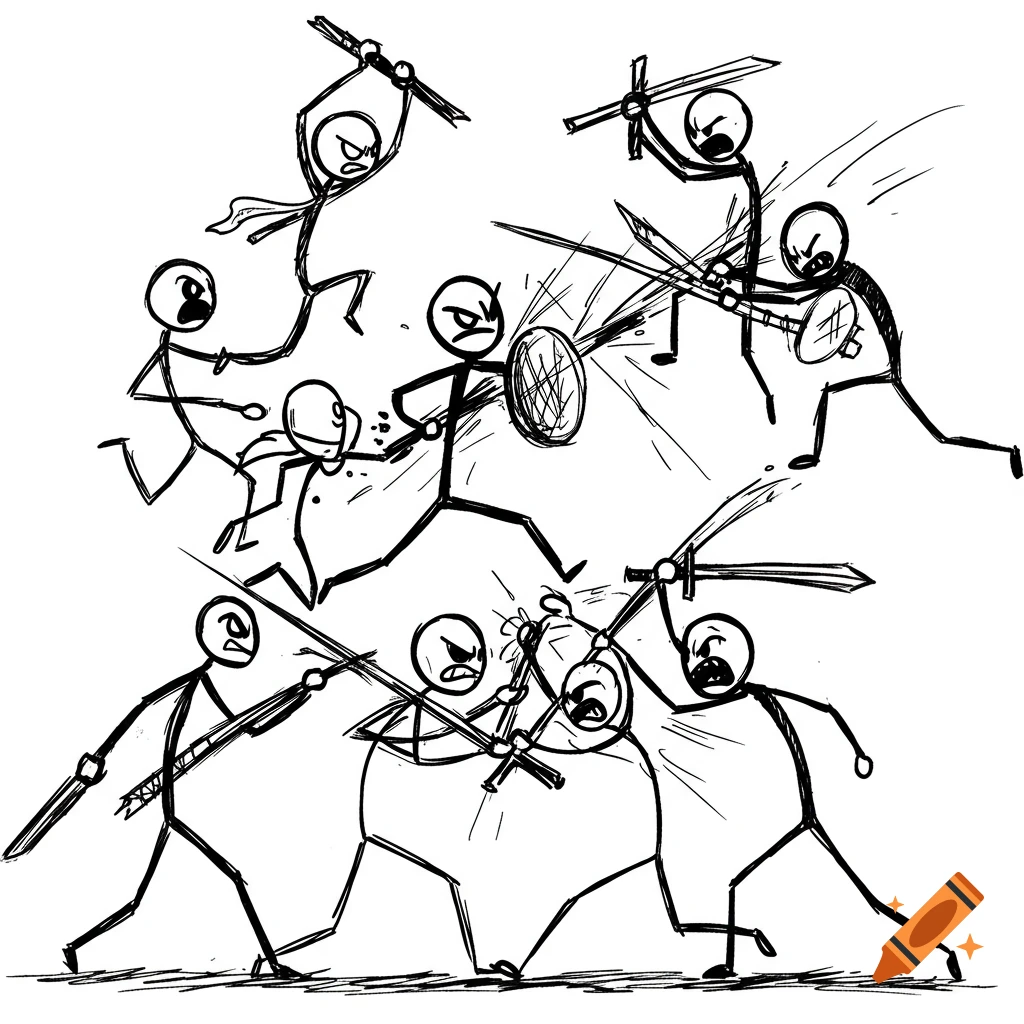 Stick figures fighting with swords and shields, sketch style.