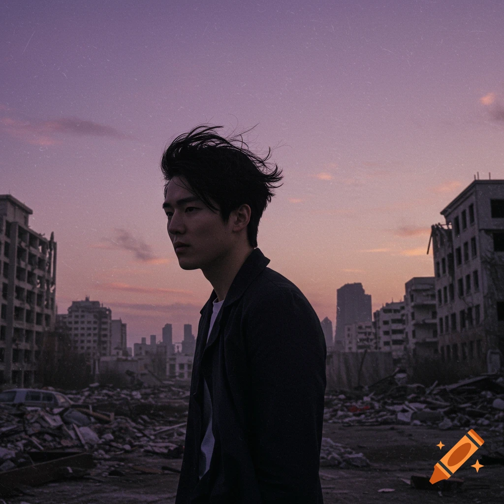 A man stands in a ruined city at sunset.