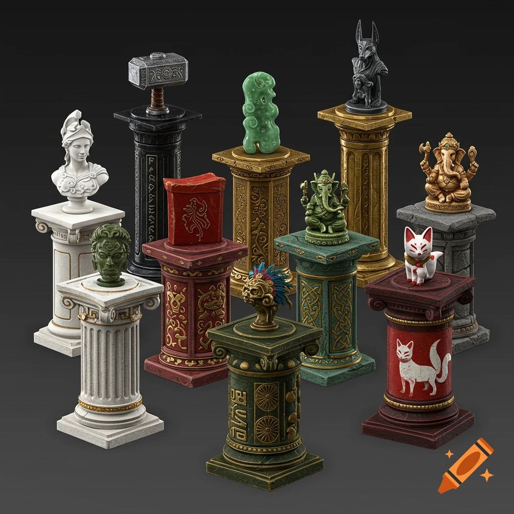 Several decorative pedestals with statues and symbols representing different mythologies.