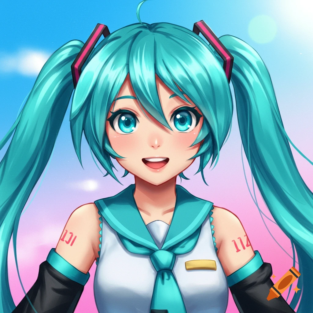 A portrait of anime character Hatsune Miku smiling against a sky background.