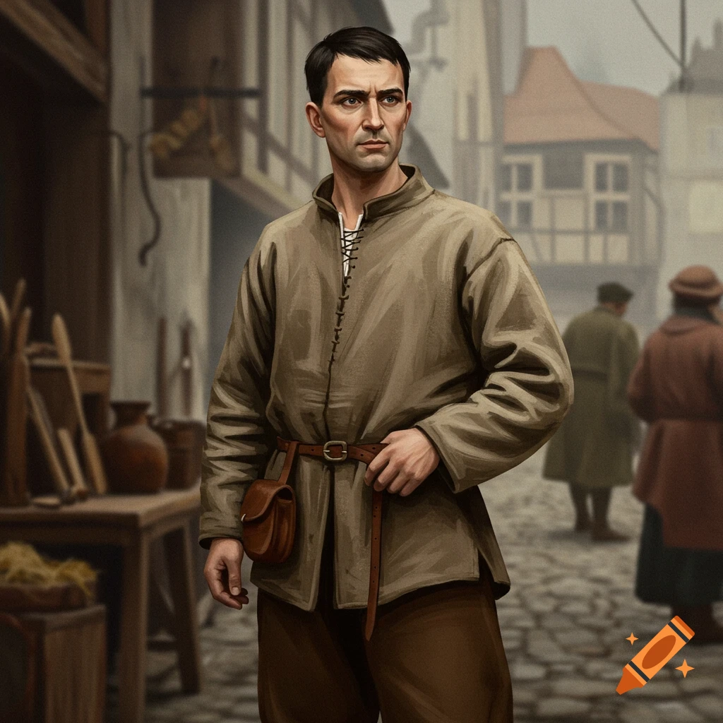 A man in historical clothing stands on a town street.