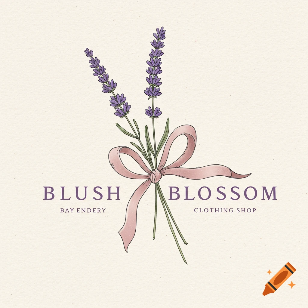 Watercolor logo with lavender and pink ribbon. Text reads 'Blush Blossom' and 'Clothing Shop'.