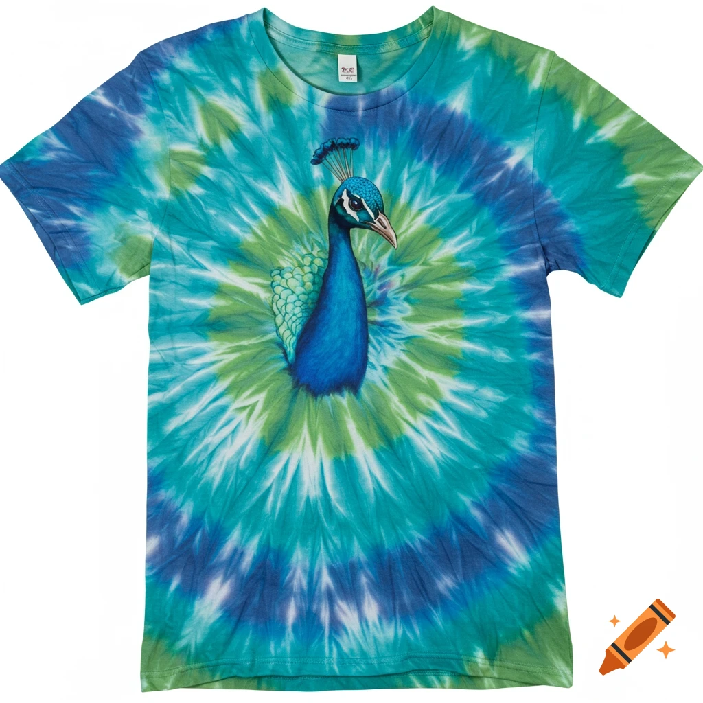 Peacock design on a green and blue tie-dye t-shirt.