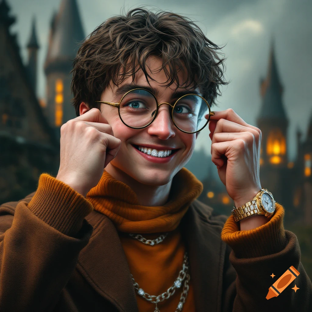 Realistic portrait of a young man smiling with diamond grillz, adjusting round glasses, wearing a gold watch and chains, with Hogwarts in the background.