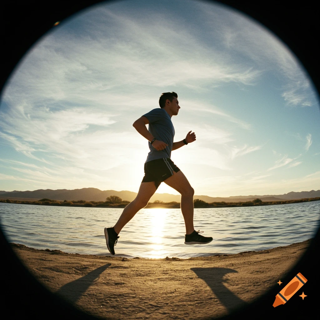 A man running along a beach next to water at sunset, captured with a fisheye lens.
