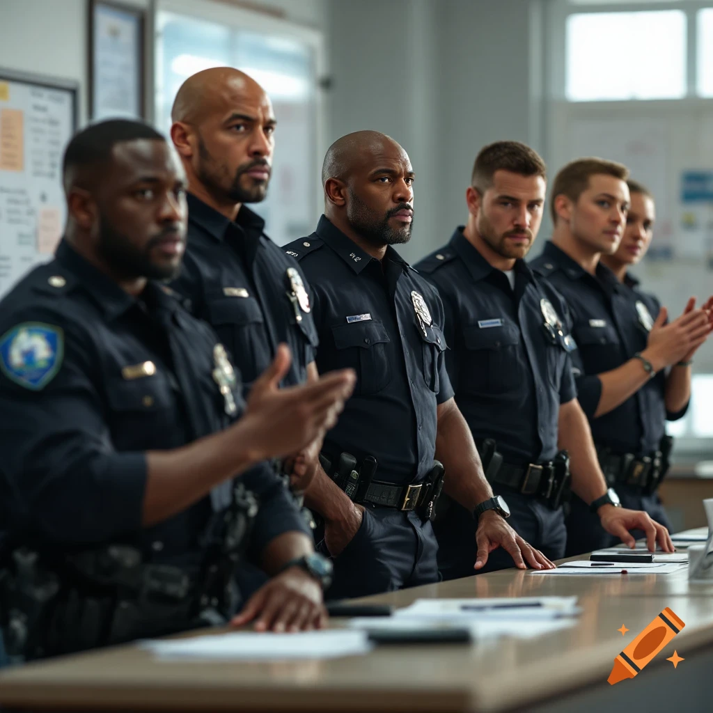 Group of police officers in uniform standing around a table.