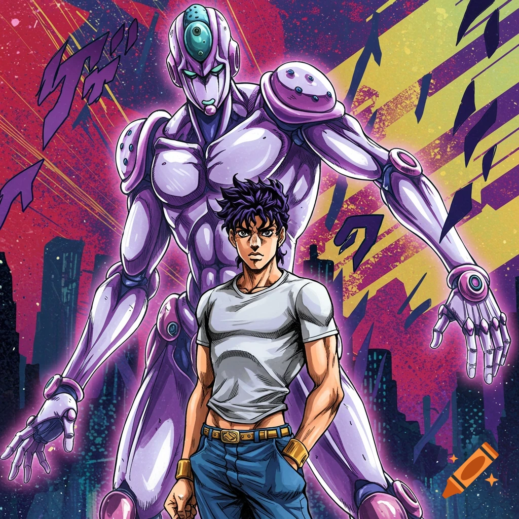 Anime style illustration of a young man standing in front of a large purple humanoid robot with abstract symbols.