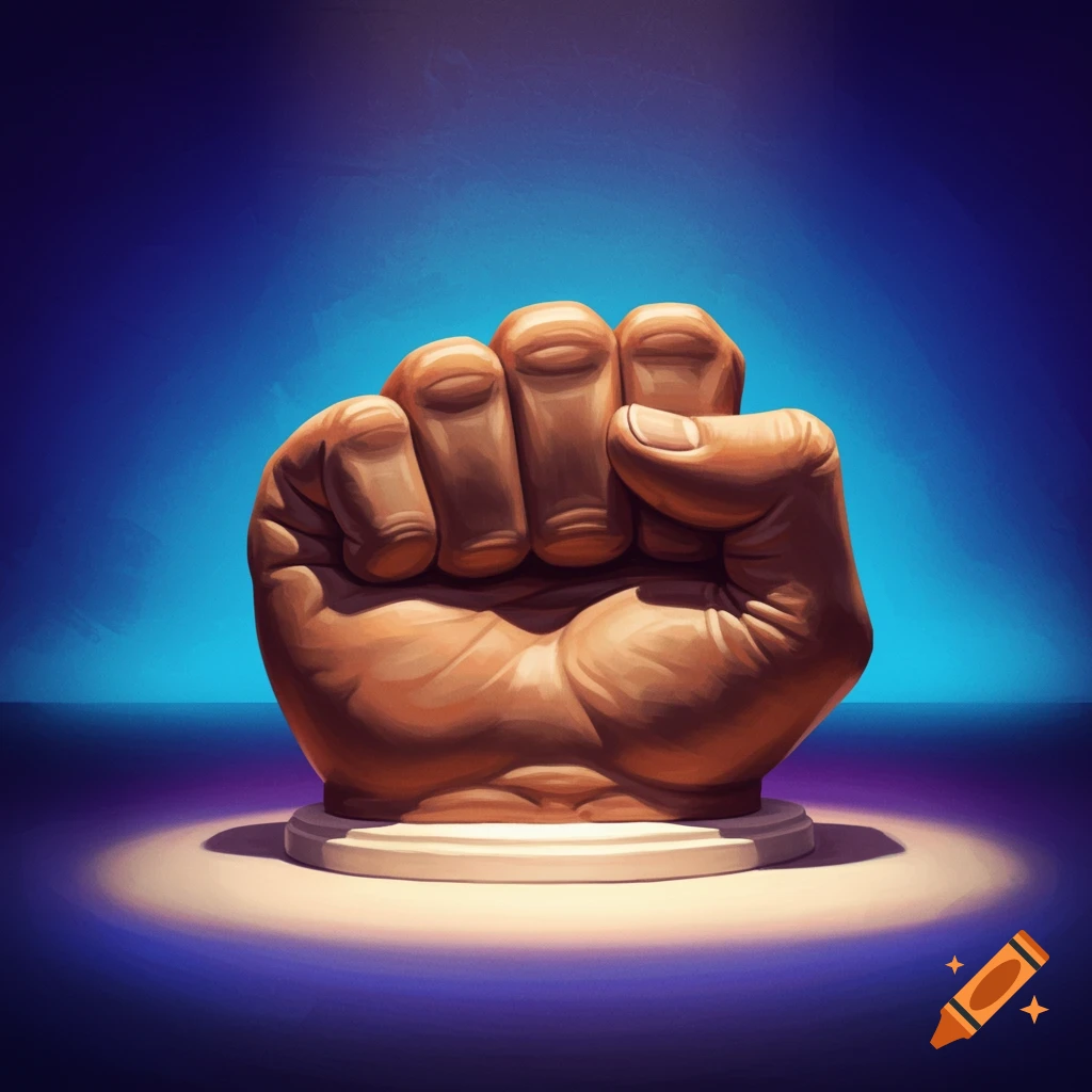 A large clenched fist sculpture sits on a pedestal against a gradient blue and purple background.