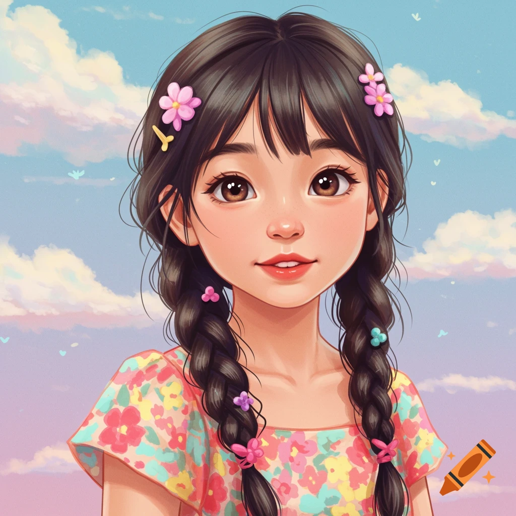 Digital illustration of a young girl with braids and flowers in her hair, wearing a floral dress, against a sky background.