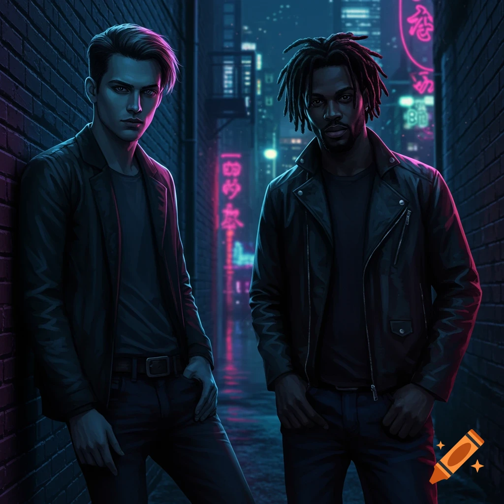 Two men in leather jackets stand in a dark, neon-lit urban alley.