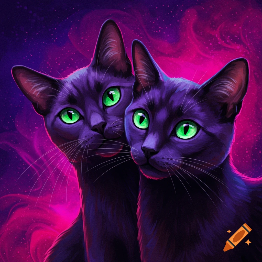 Two black cats with bright green eyes against a purple and pink background.