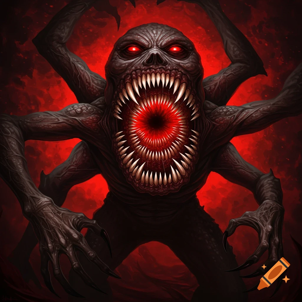 A scary monster with red eyes, sharp teeth, and multiple limbs against a red background.