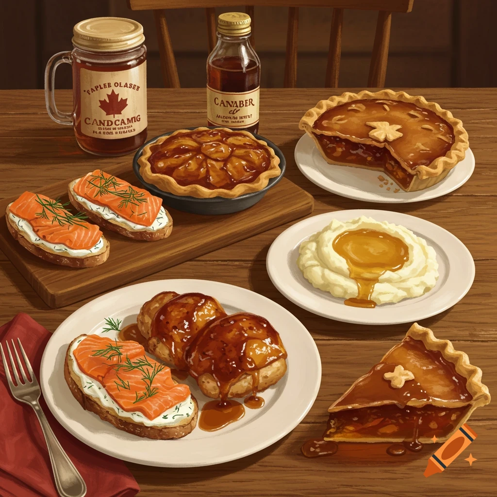 A table with salmon toasts, meatballs, mashed potatoes, and maple syrup pies.
