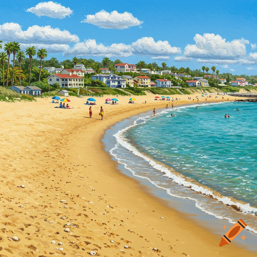 Painting of a busy beach with people under umbrellas, waves, houses on a hill, and a blue sky with clouds.
