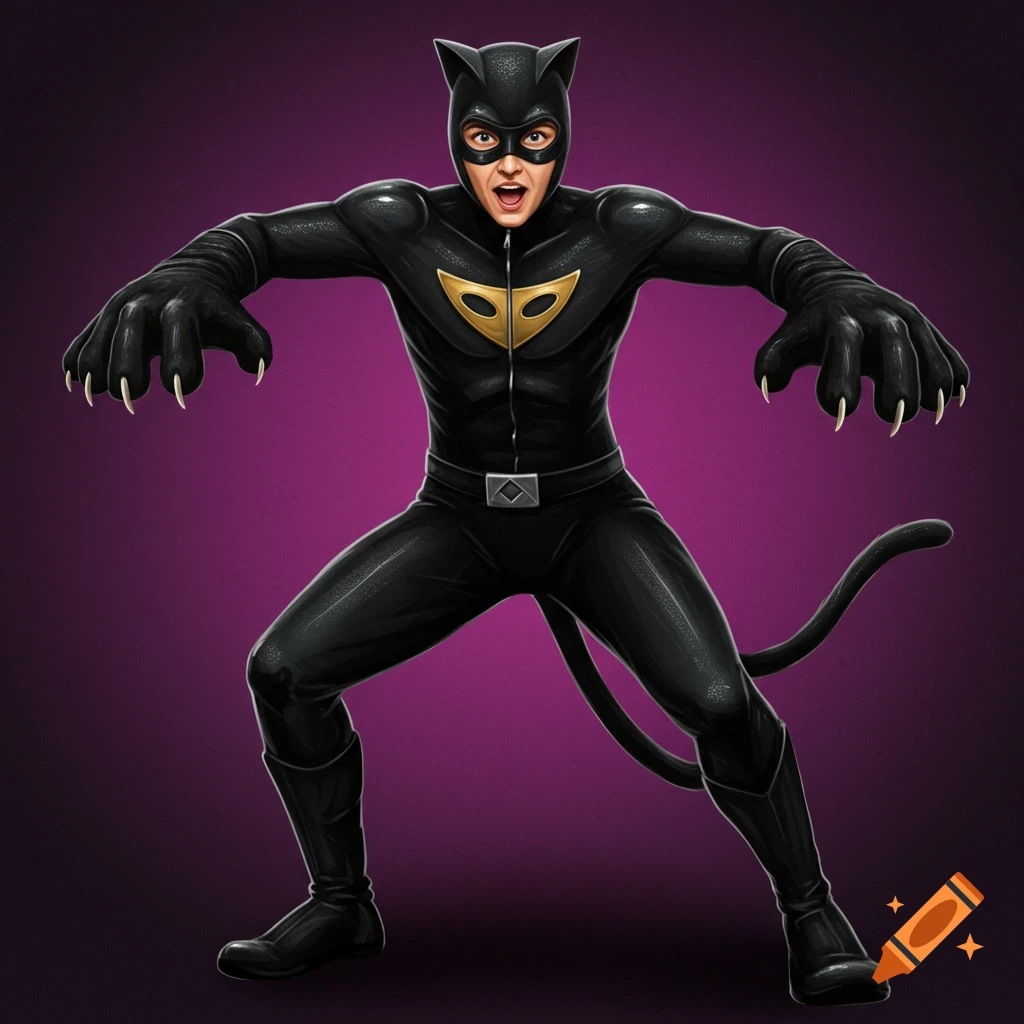 painting of person in black cat suit with oversized paws