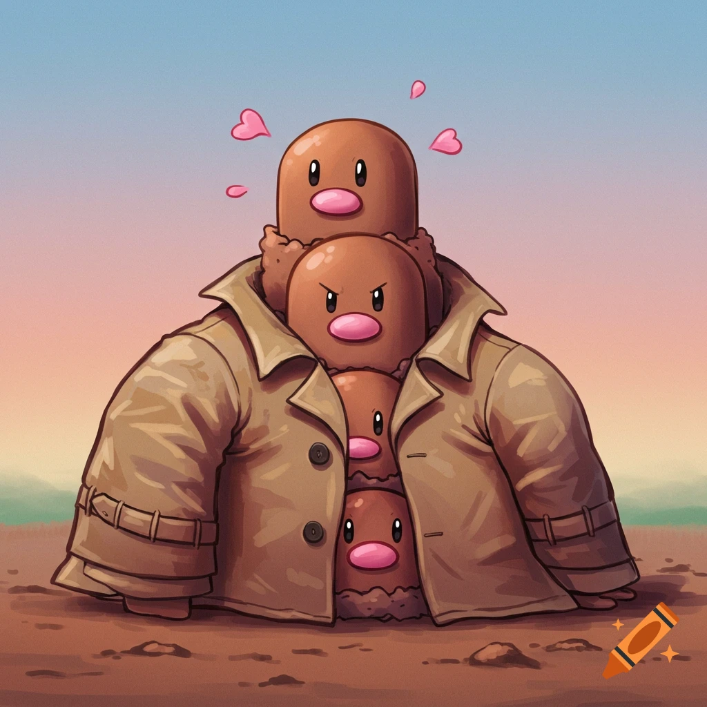 Three Diglett stacked inside a trench coat standing on dirt.