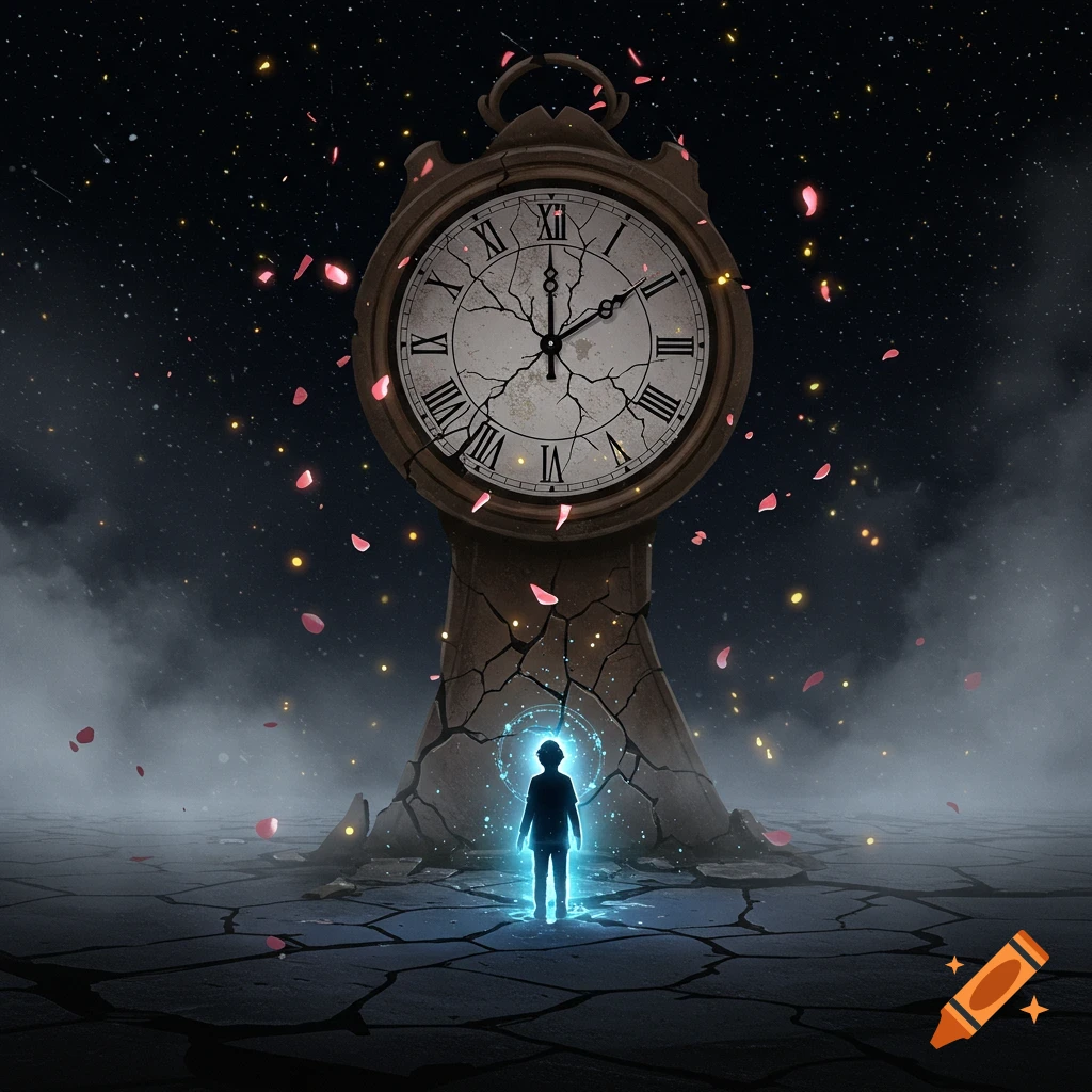A glowing silhouette figure stands before a large, cracked clock with Roman numerals, surrounded by falling petals and a starry sky.