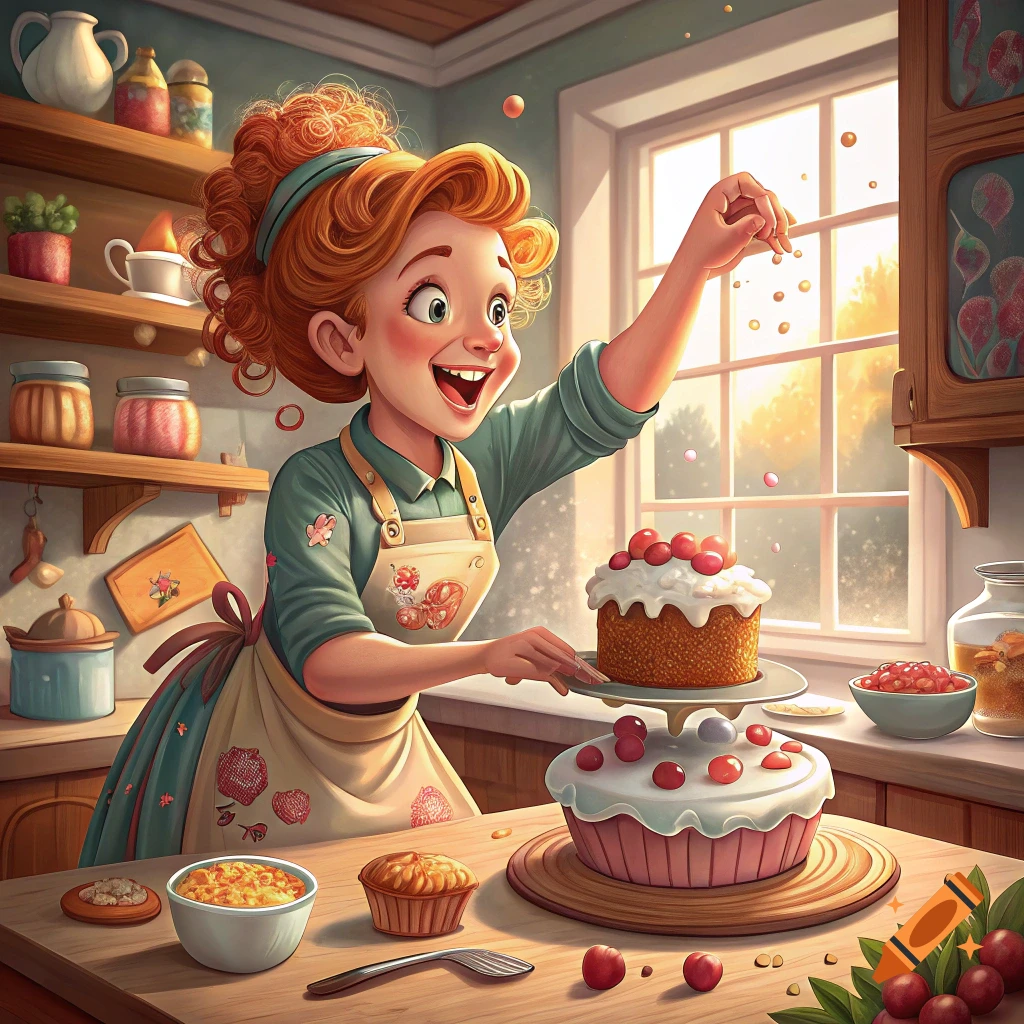 Cartoon woman in a kitchen happily decorating cakes.