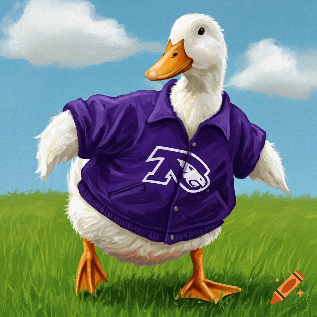 A white duck wears a purple jacket with a logo, standing in a grassy field under a cloudy sky.